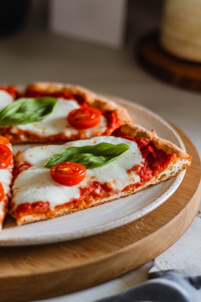 Indoor photo of a slice of cauliflower-crust pizza topped with melted mozzarella, fresh basil leaves, and cherry tomato halves on a white ceramic plate, soft warm lighting, no text or logos