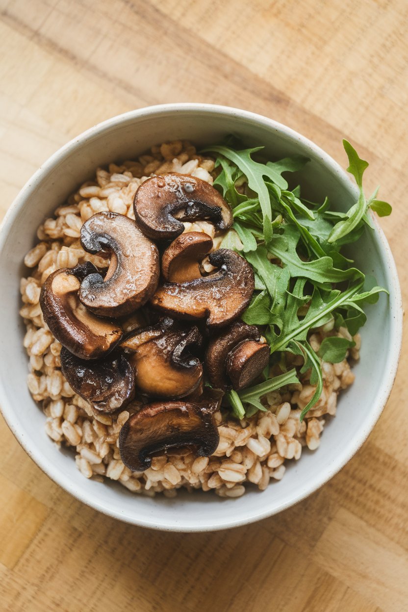 Indoor bowl featuring cooked farro topped with sautéed balsamic mushrooms and baby arugula—overhead, no text or logos.