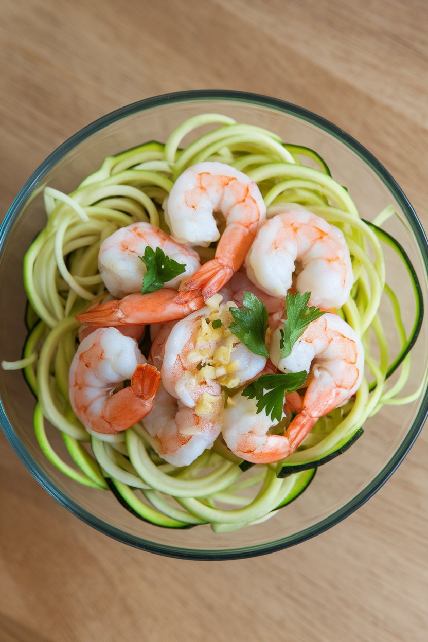 Indoor photo of a shallow bowl of zucchini noodles topped with cooked shrimp, garlic flakes, and parsley, shot slightly overhead. No text or logos.