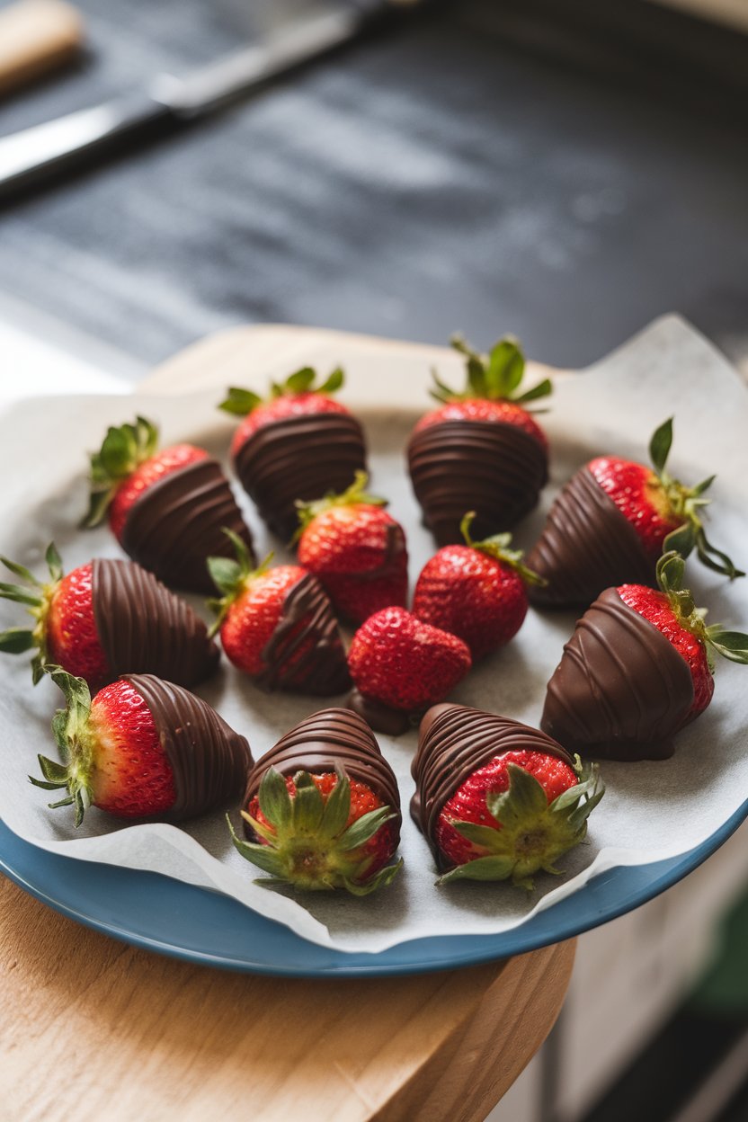 Indoor dessert plate of glossy dark chocolate–coated strawberries cooling on parchment. No text or logos; photo.