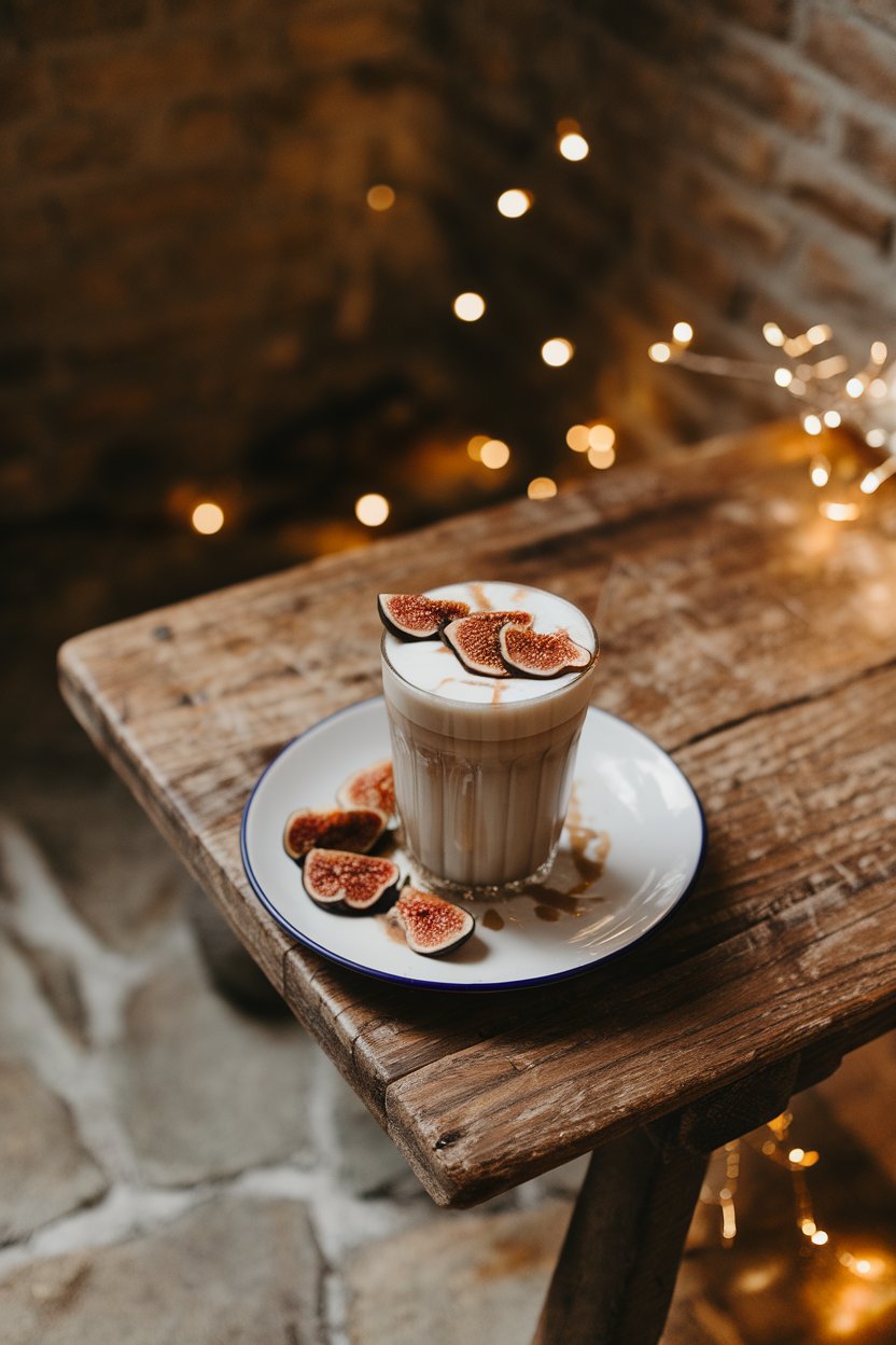 Indoor rustic wooden table holding a latte glass garnished with sliced dried figs and a drizzle of hazelnut syrup. Warm holiday lighting; no logos or text. Photo, not illustration.