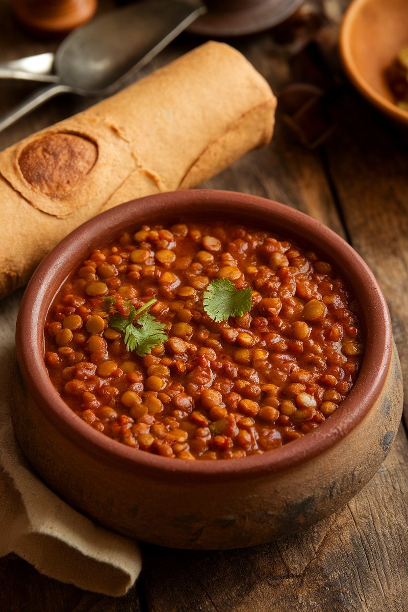 An indoor clay bowl of deep-red berbere-spiced lentil stew, injera bread rolled beside it. No text or logos; photo, not illustration.