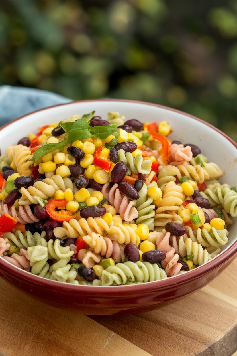 Indoor serving bowl of tri-color rotini, black beans, corn, red pepper, and a lime vinaigrette. No text or logos.