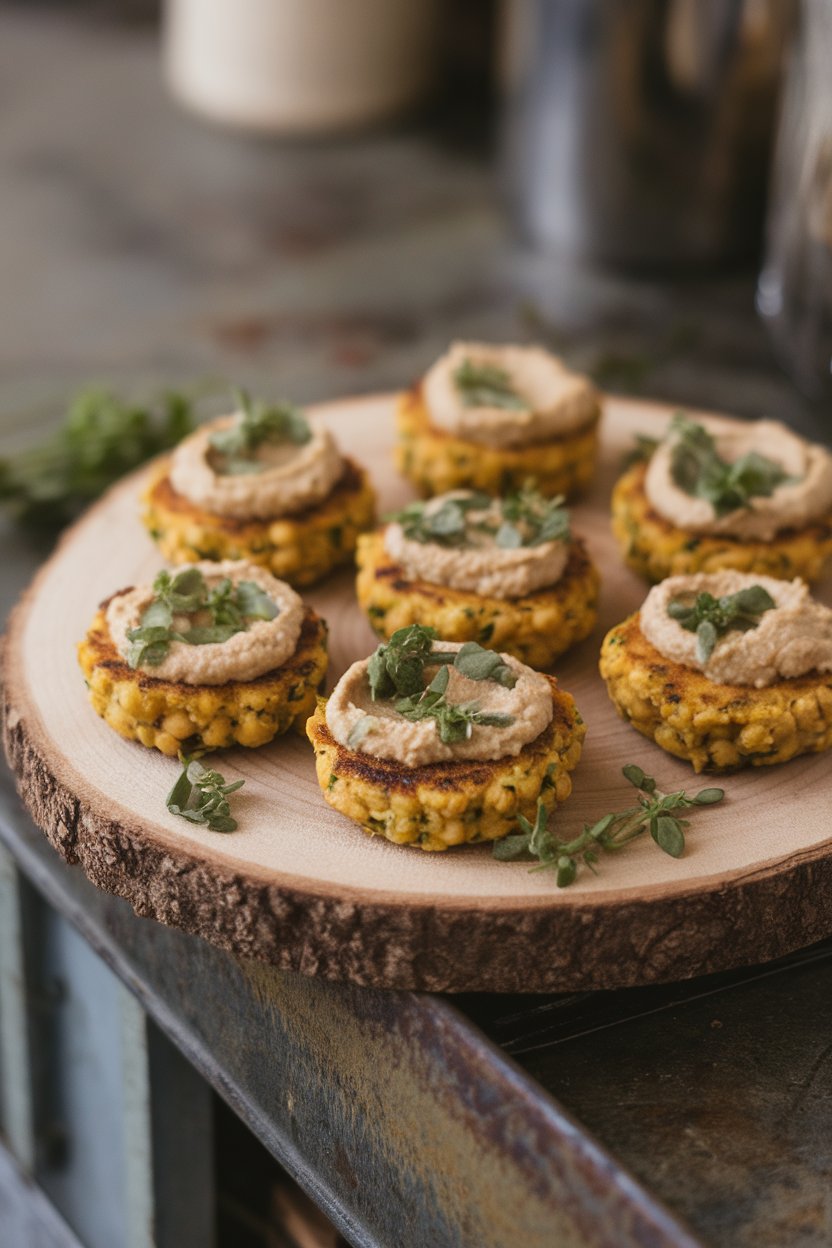 A wooden indoor board holding mini chickpea patties with a light smear of hummus on top; no text or logos.