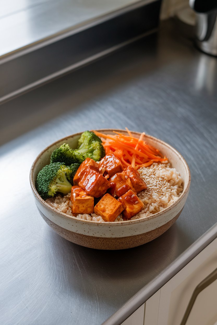 An indoor kitchen counter featuring a ceramic bowl of brown rice piled with sriracha-glazed tofu cubes, steamed broccoli, shredded carrots, and sesame seeds. No text or logos.
