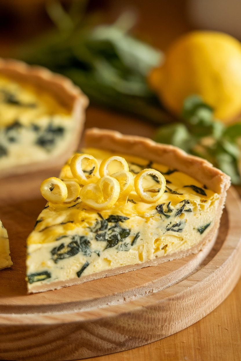 Indoor shot of a bright quiche slice flecked with spinach and lemon zest curls on top, no text or logos.