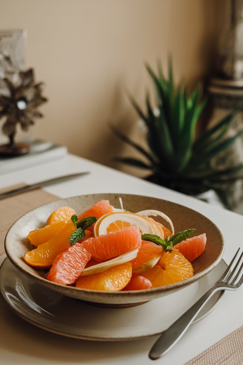 An indoor dining room scene showing a shallow bowl of mixed orange and grapefruit segments with thin fennel slices and mint leaves. No text or logos.