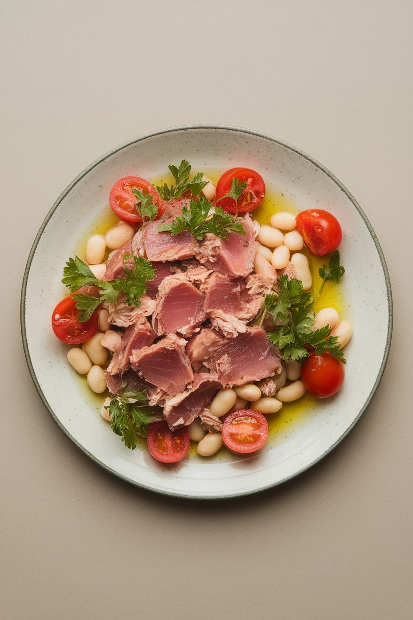 Indoor photo of a plate with flaked tuna, cannellini beans, parsley, and cherry tomatoes lightly dressed in olive oil; neutral background, no text or logos