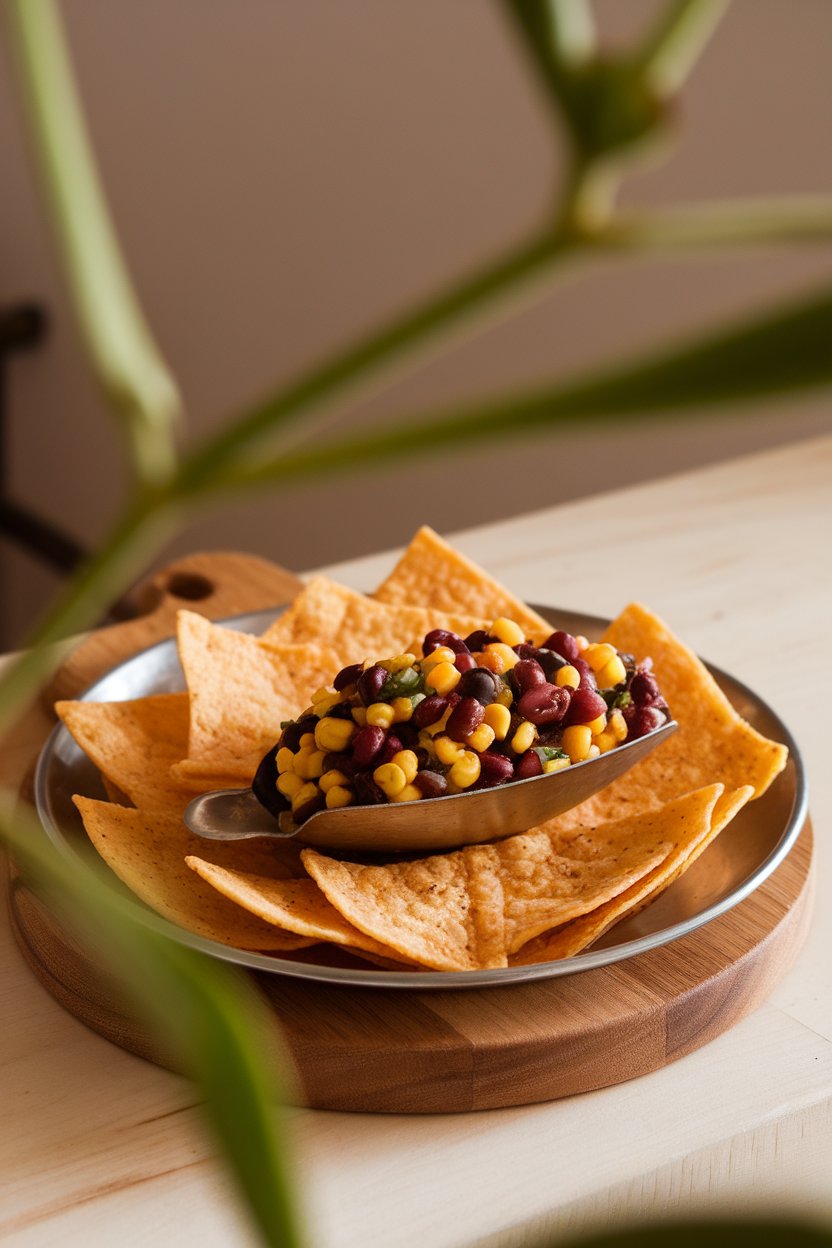 Scoop-style tortilla chips filled with black bean corn salsa on an indoor platter. No text or logos. Photo.