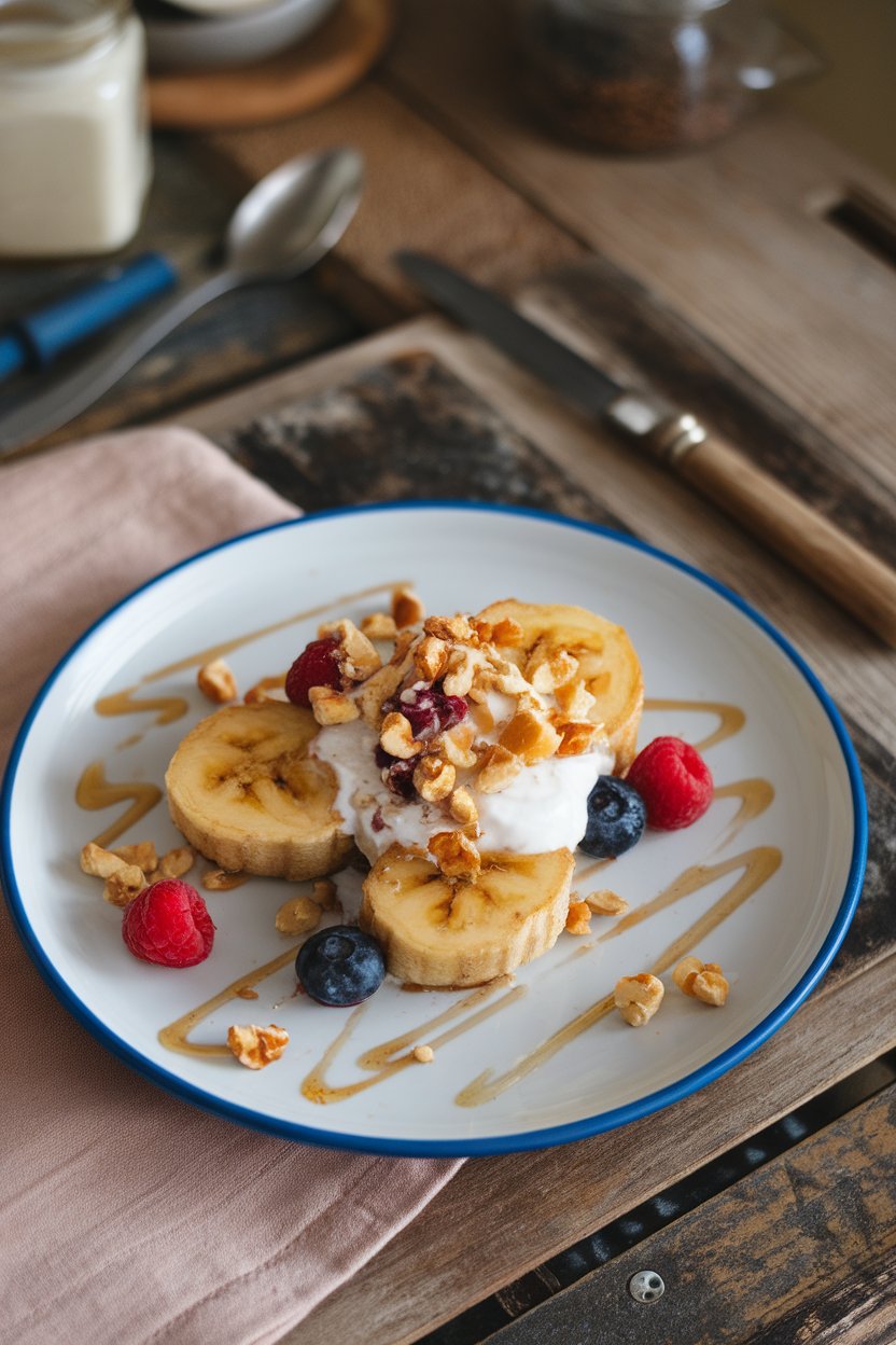 Indoor dessert plate with seared banana halves topped with yogurt, berries, and chopped nuts. No text or logos.