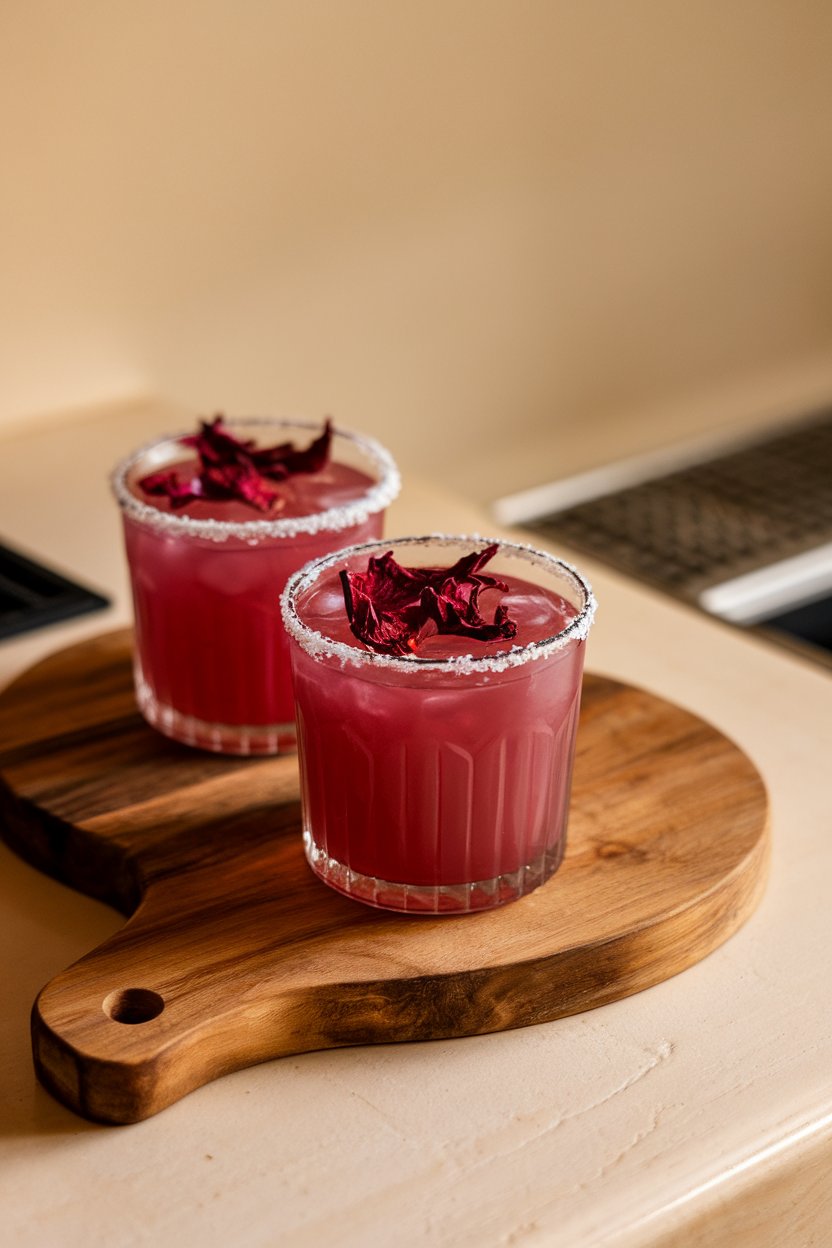 Indoor bar, coupe of vivid fuchsia margarita with dried hibiscus petal resting on surface; no logos.