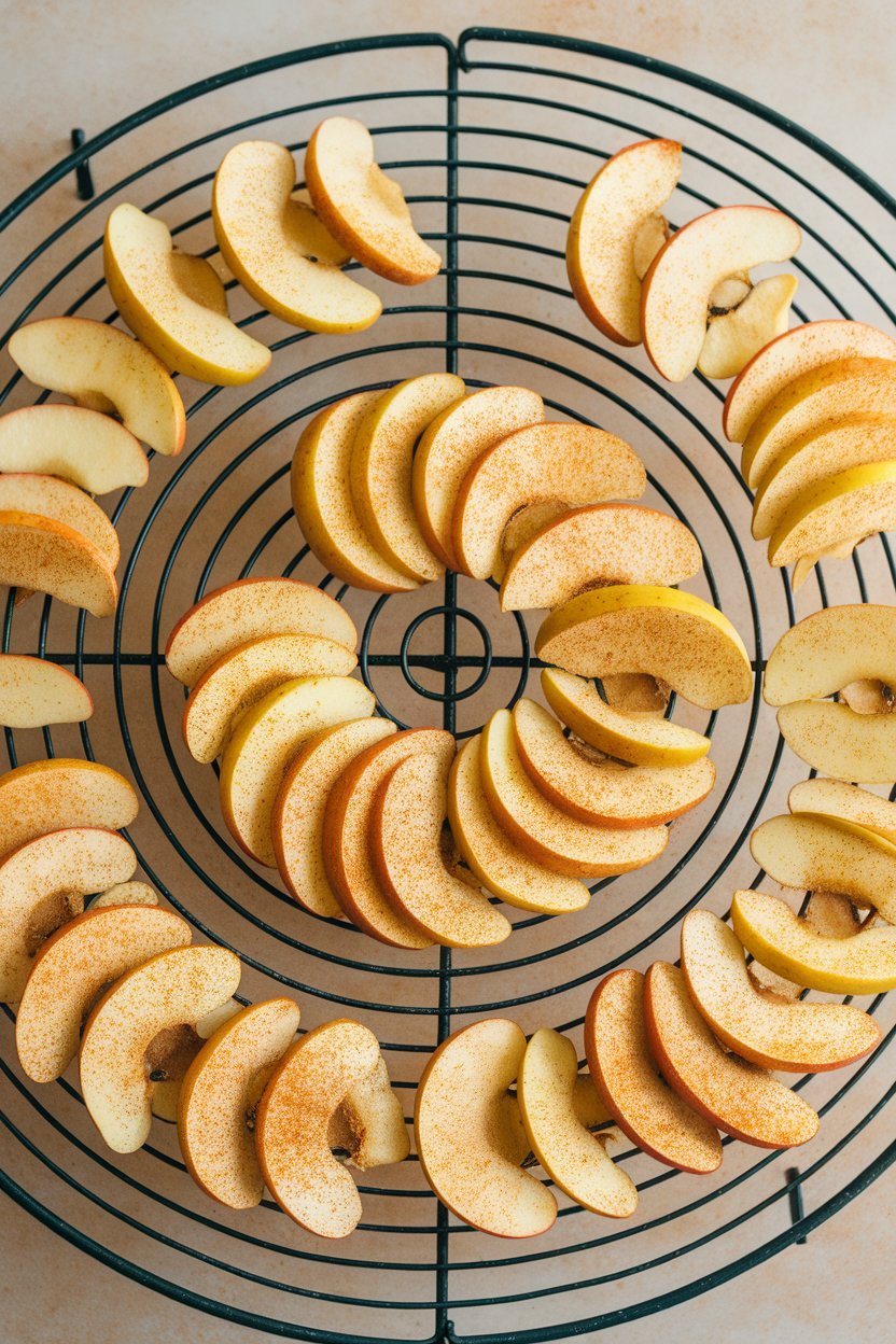 Photo of an indoor baking rack with thin apple slices baked into chips, dusted in cinnamon, no text or logos.