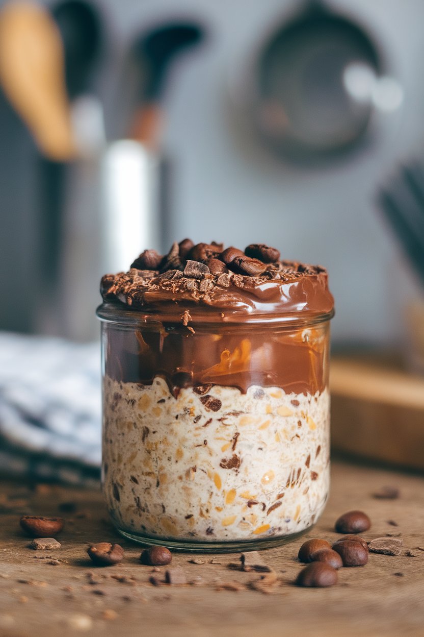 Indoor jar of mocha overnight oats topped with cacao nibs and coffee beans around. No text or logos.