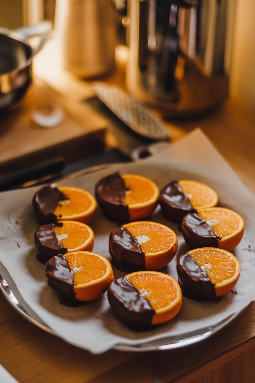 A warmly lit indoor tabletop showing orange slices half-dipped in dark chocolate, arranged on parchment paper to set. No text or logos.