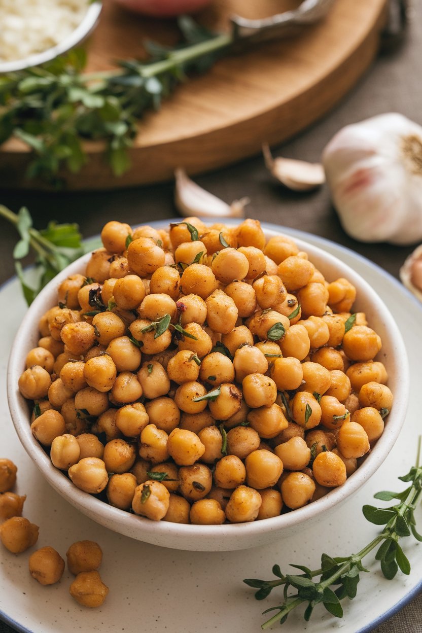 Photo of an indoor bowl of golden roasted chickpeas coated in garlic and mixed herbs, no text or logos.