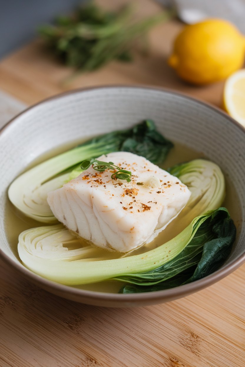 Indoor shallow bowl featuring poached cod over wilted bok choy in light ginger broth. No raw fish; no text or logos; photo.