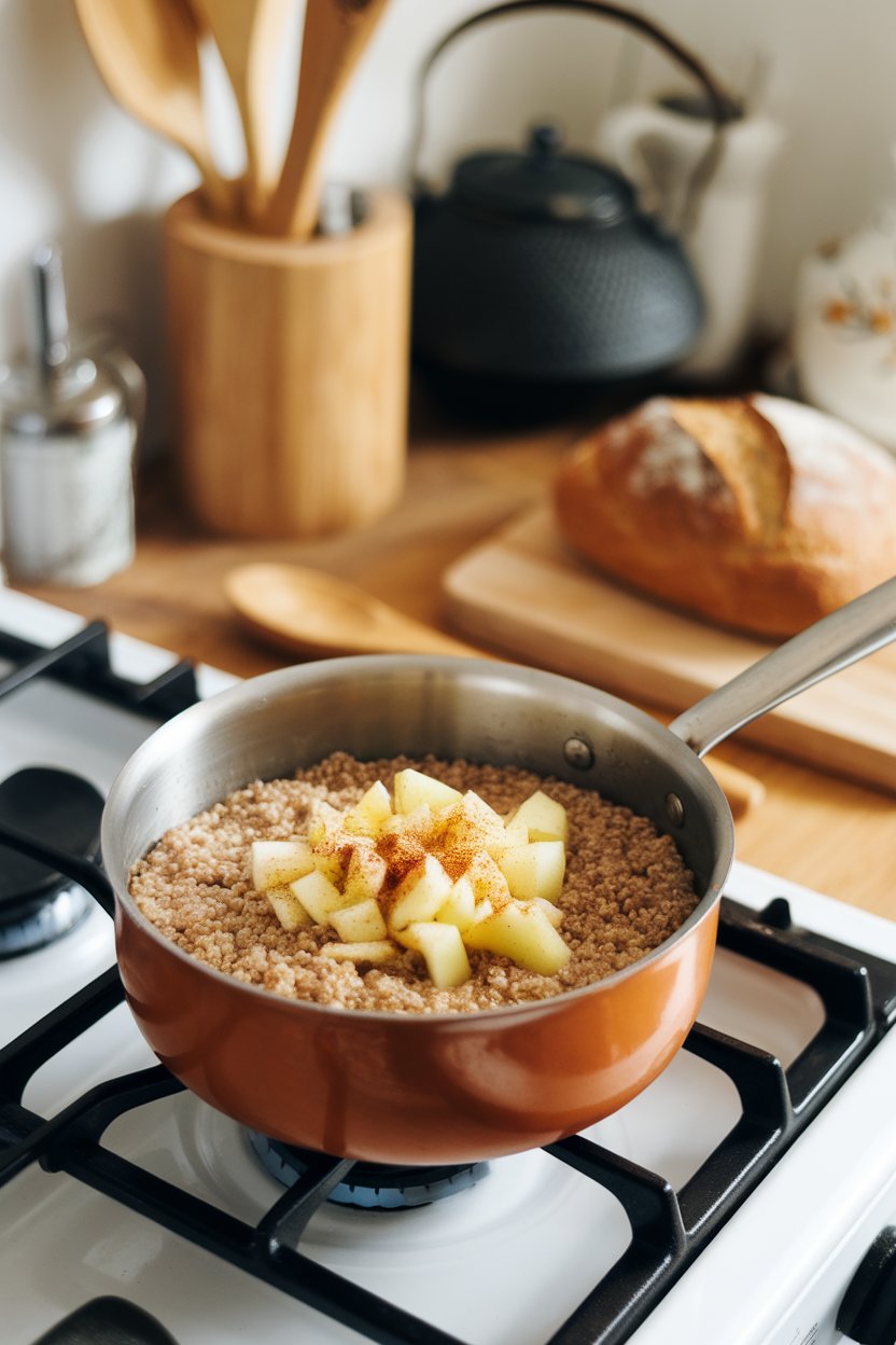 Indoor photo of a saucepan of warm quinoa porridge topped with diced apple and a pinch of cinnamon; cozy kitchen setting, no text or logos