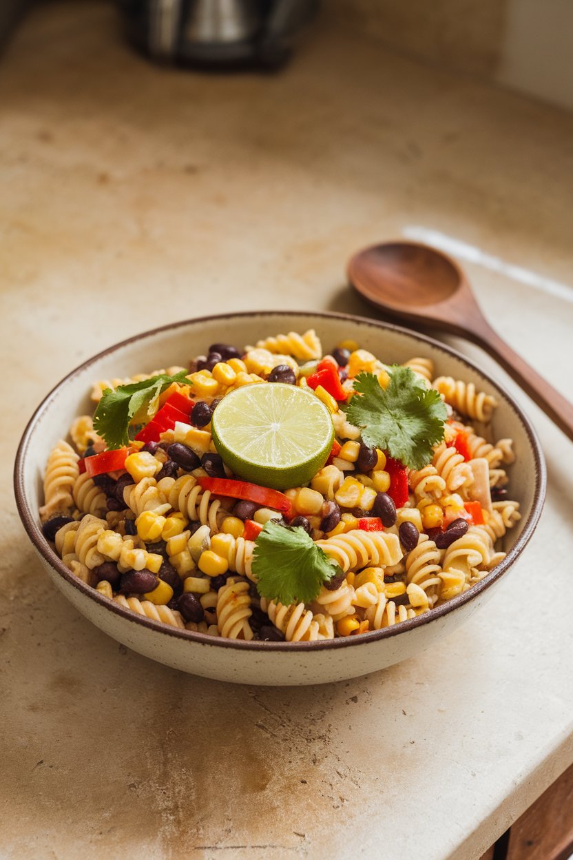 An indoor countertop scene featuring a vibrant rotini salad with black beans, corn, diced red pepper, and cilantro; no text or logos.