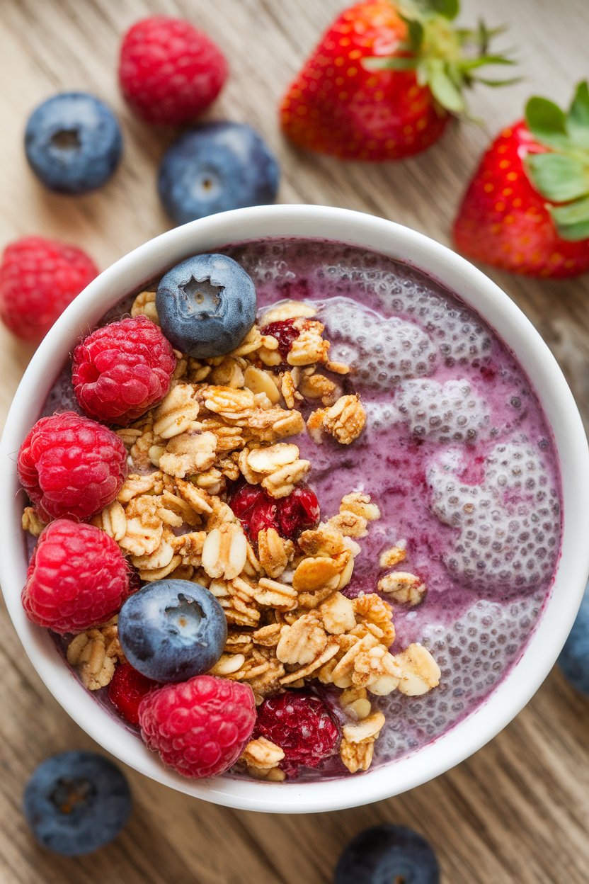 An indoor bowl of mixed berry chia pudding topped with granola; no logos. Photo only.