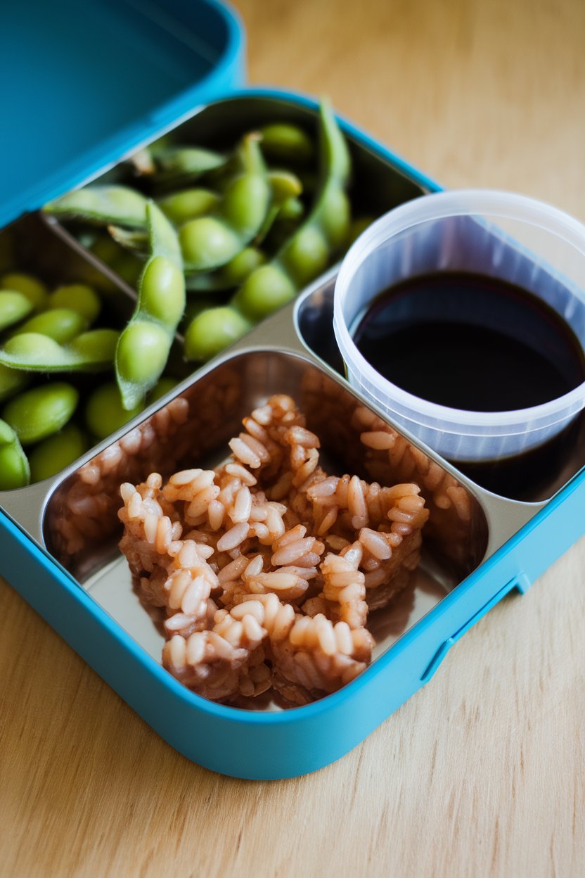A compartmentalized bento box indoors displaying shelled edamame, brown rice molded into stars, and a container of low-sodium tamari. Photo only, no text or logos.