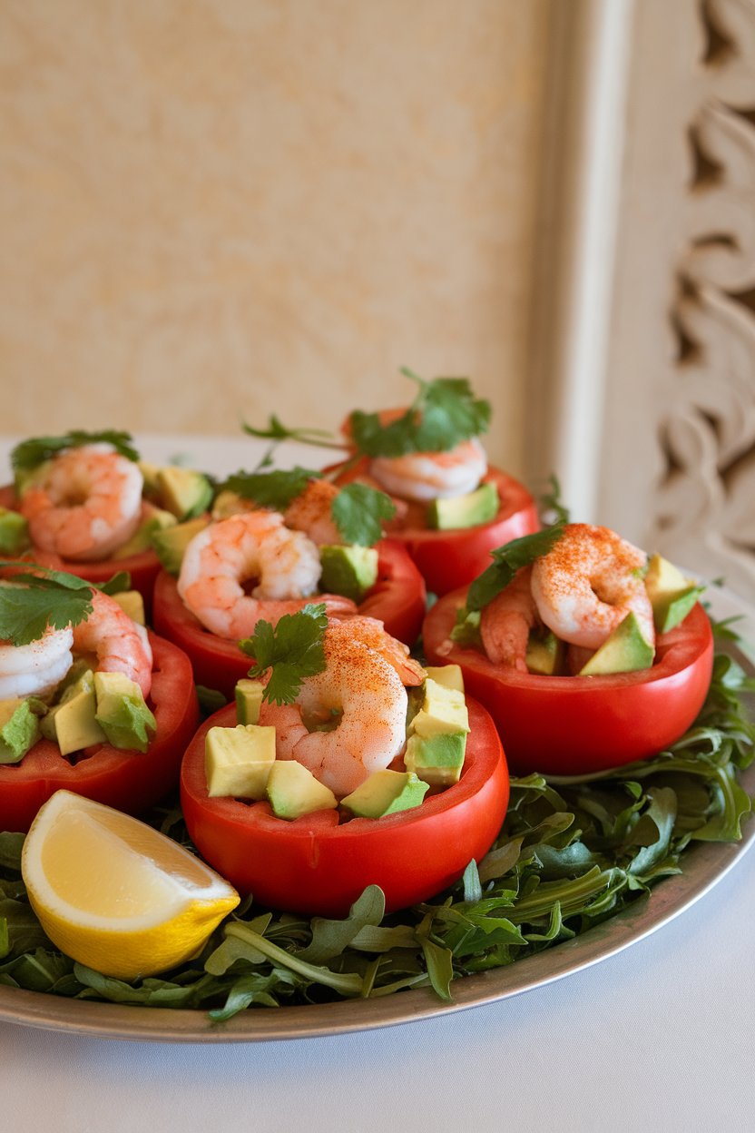 A platter on an indoor table showcasing hollowed beefsteak tomatoes filled with cooked shrimp, diced avocado, and cilantro. No text or logos. Photo, not illustration.