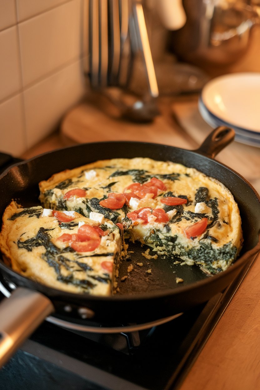Indoor skillet with wedge-cut frittata showing visible spinach, tomato, and feta bits. No text or logos.