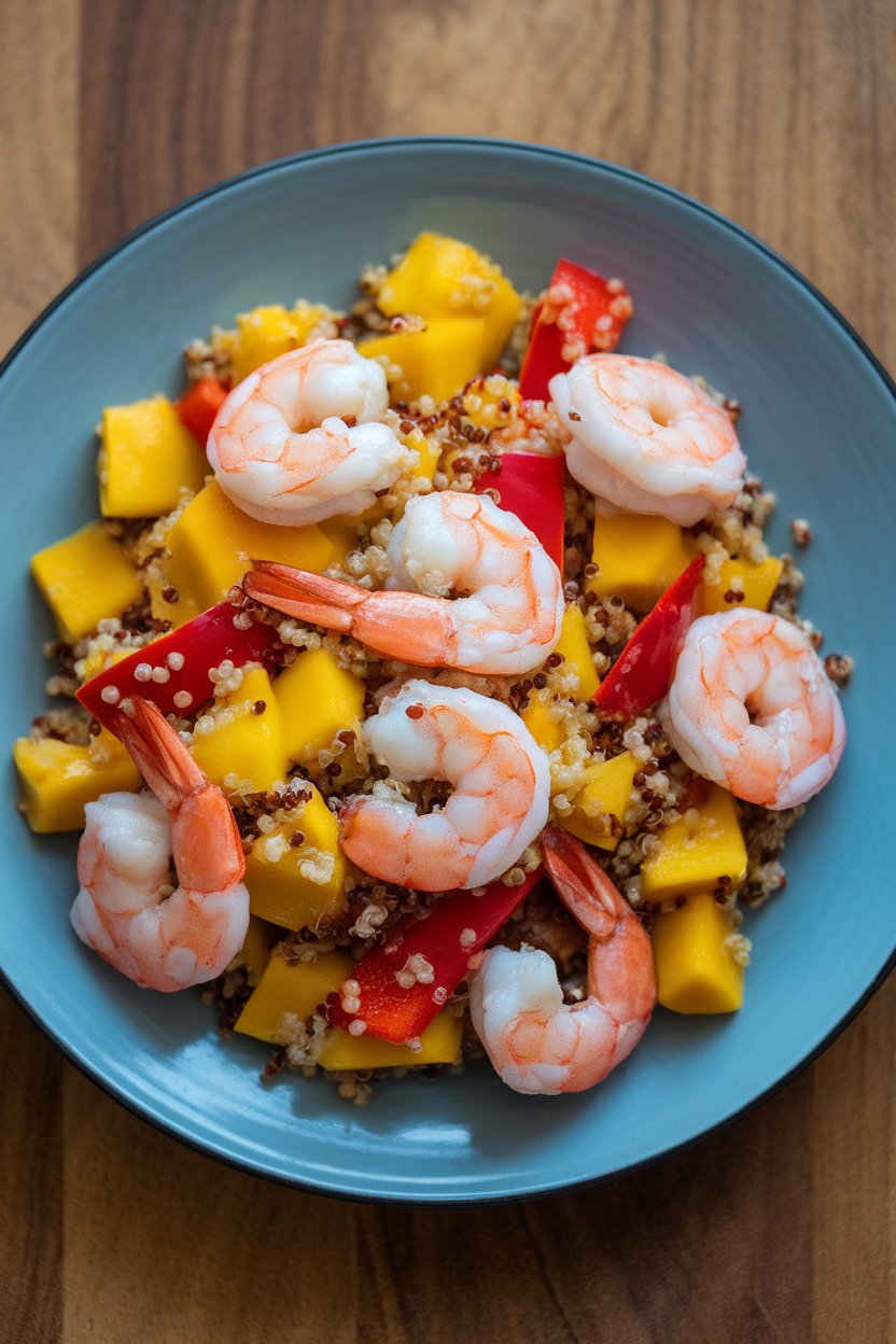 An indoor plate displaying cooked shrimp, diced mango, red bell pepper, and quinoa tossed together. No text or logos anywhere. Photo only.