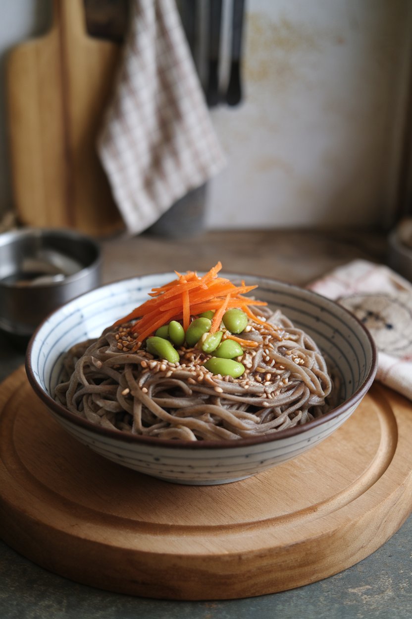 An indoor bowl of cooked soba noodles topped with edamame, julienned carrots, and sesame seeds. No logos or text.