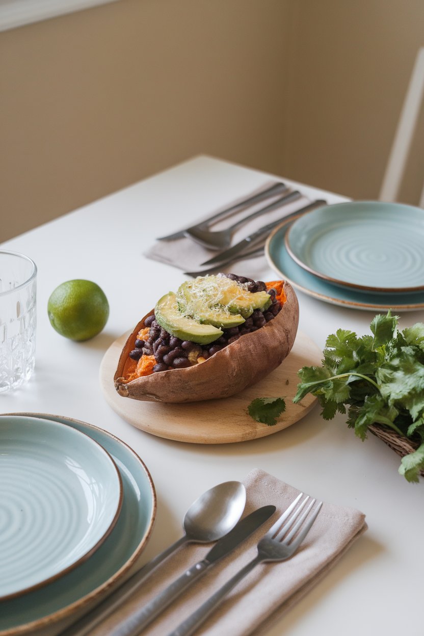 An indoor dining table featuring stuffed sweet potatoes with black beans and avocado; no logos. Photo only.