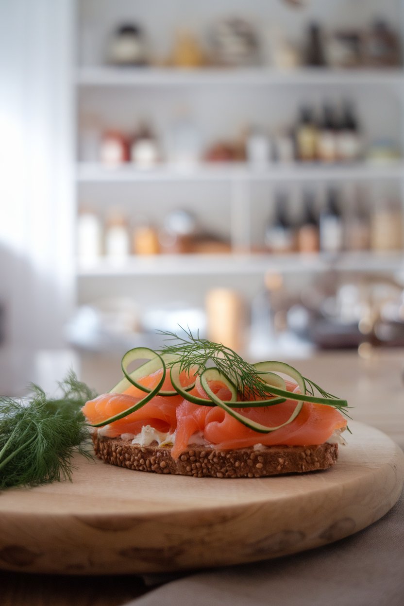 A softly lit indoor shot of a rye crispbread topped with smoked salmon, dill, and cucumber ribbons; no logos. Photo only.