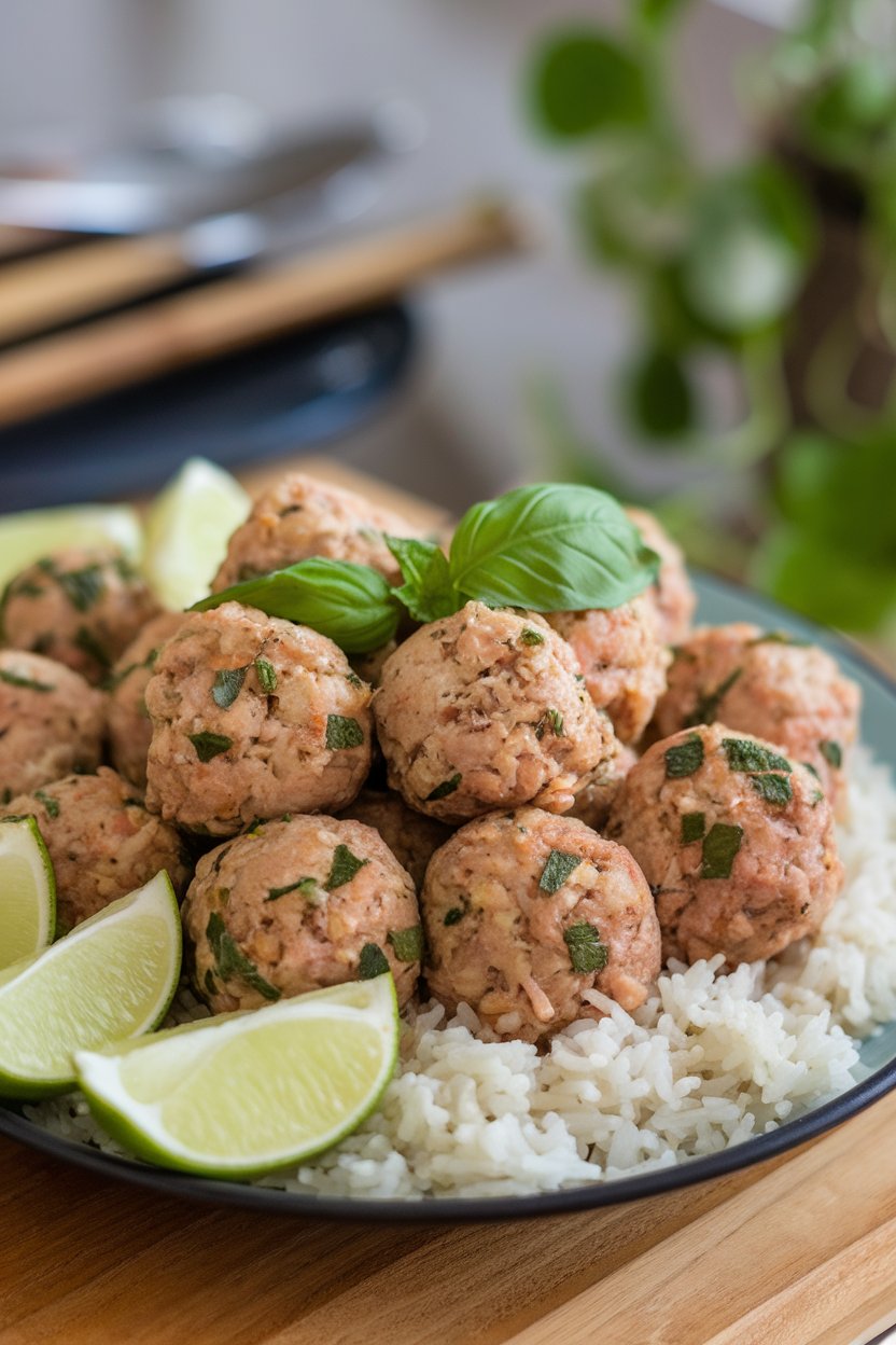 An indoor plate arranged with small turkey meatballs flecked with basil, served over jasmine rice with lime wedges. No text or logos.