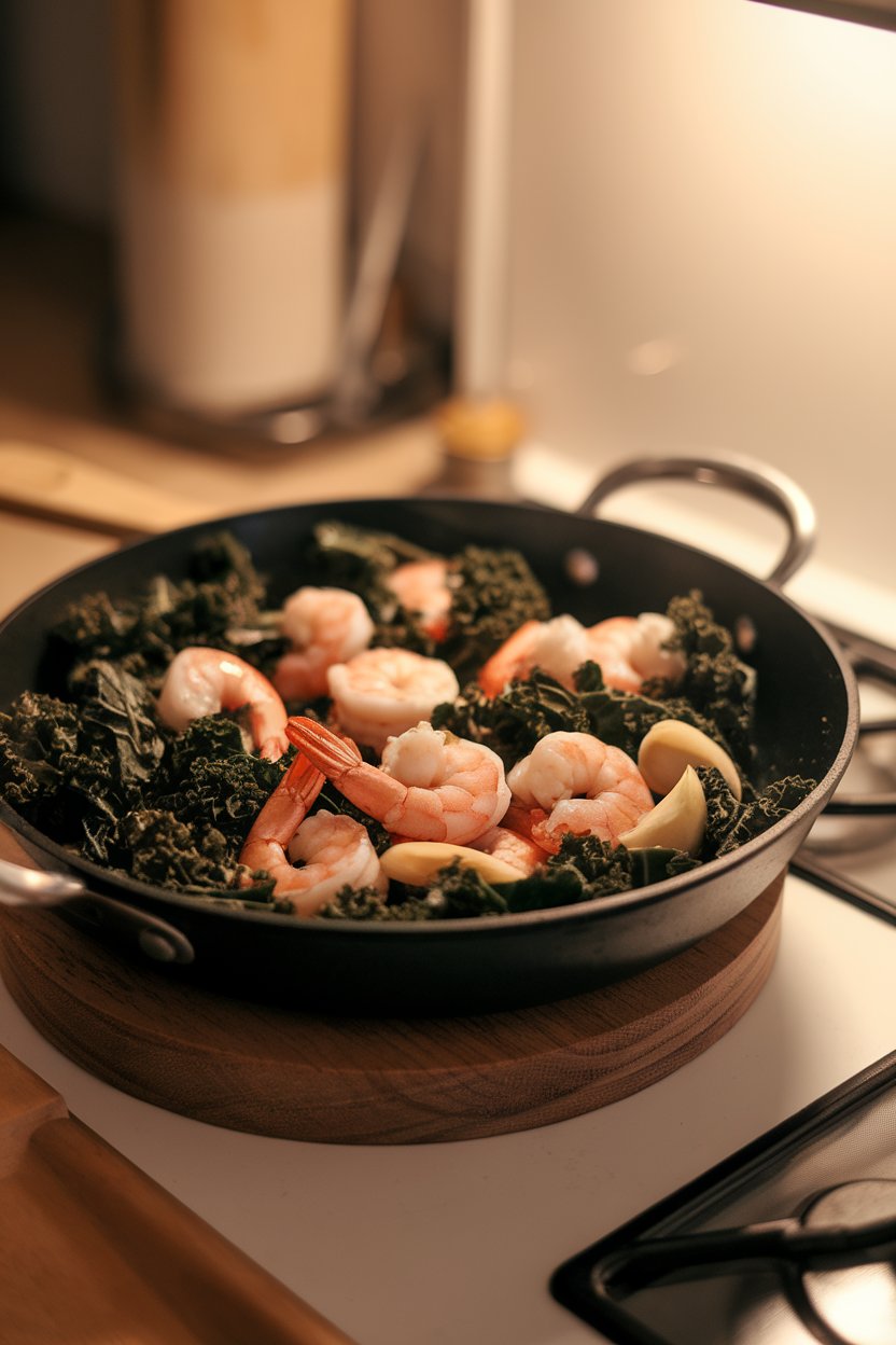 Indoor photo of a skillet containing cooked shrimp, wilted kale, and garlic slices; warm overhead stove light, no text or logos