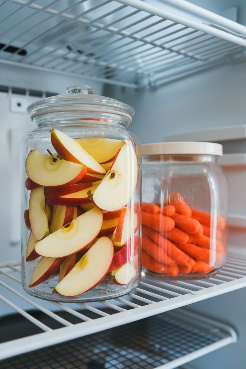 Photo — A clear glass storage jar filled with apple slices and another with baby carrots on a fridge shelf, brightly lit indoors. No logos or text.