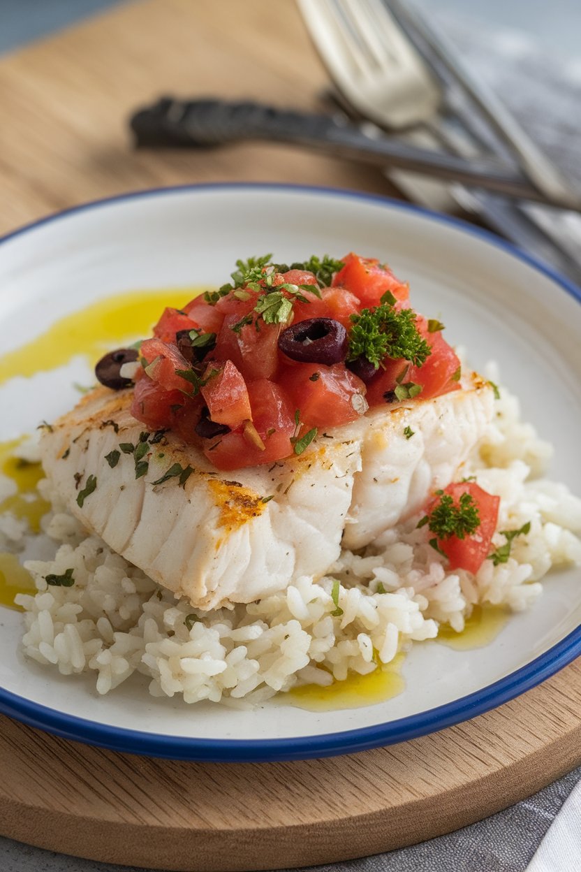 Indoor ceramic plate holding flaky baked cod topped with diced tomato, olive, and parsley relish, drizzle of olive oil visible. No text or logos, photo not illustration.