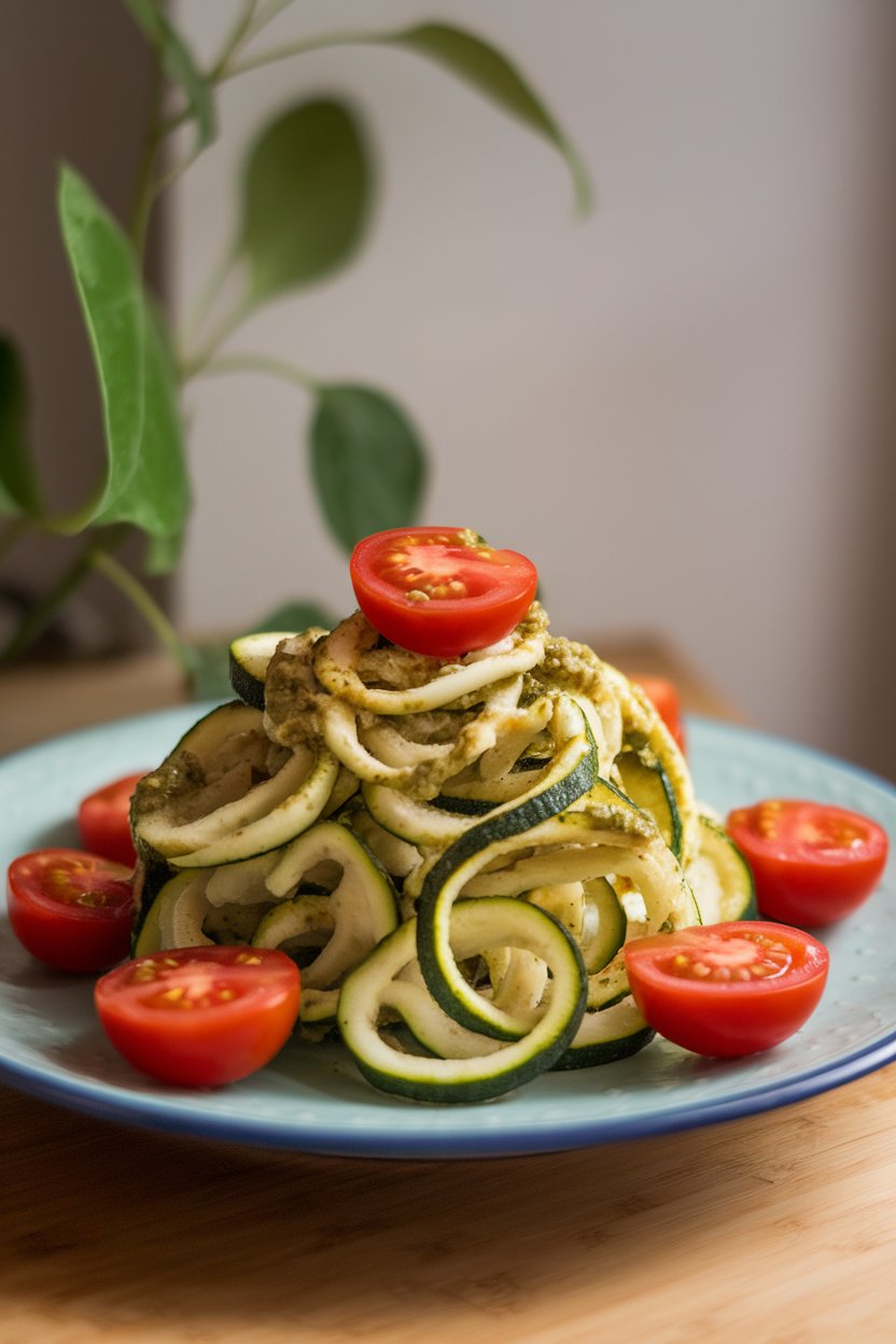 An indoor dinner plate piled with zucchini spirals lightly coated in pesto, topped with cherry tomato halves; photo, no text or logos.