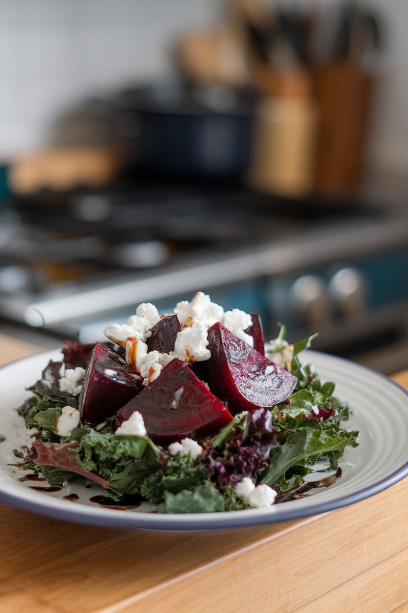 Photo of leafy greens topped with roasted beet wedges and crumbled goat cheese on an indoor plate. No logos or text present.