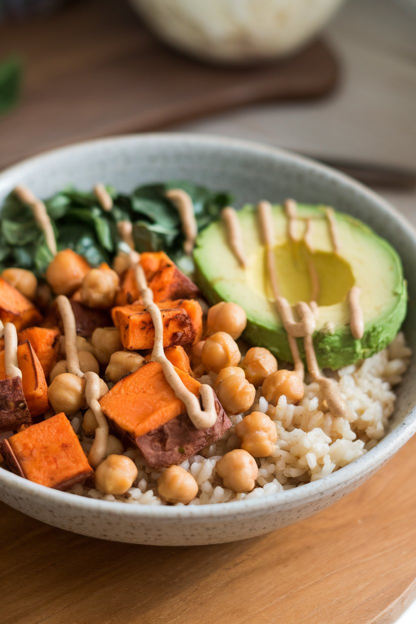 Photo of an indoor bowl featuring roasted sweet potato cubes, chickpeas, spinach, and avocado slices over brown rice; tahini drizzle; no text or logos