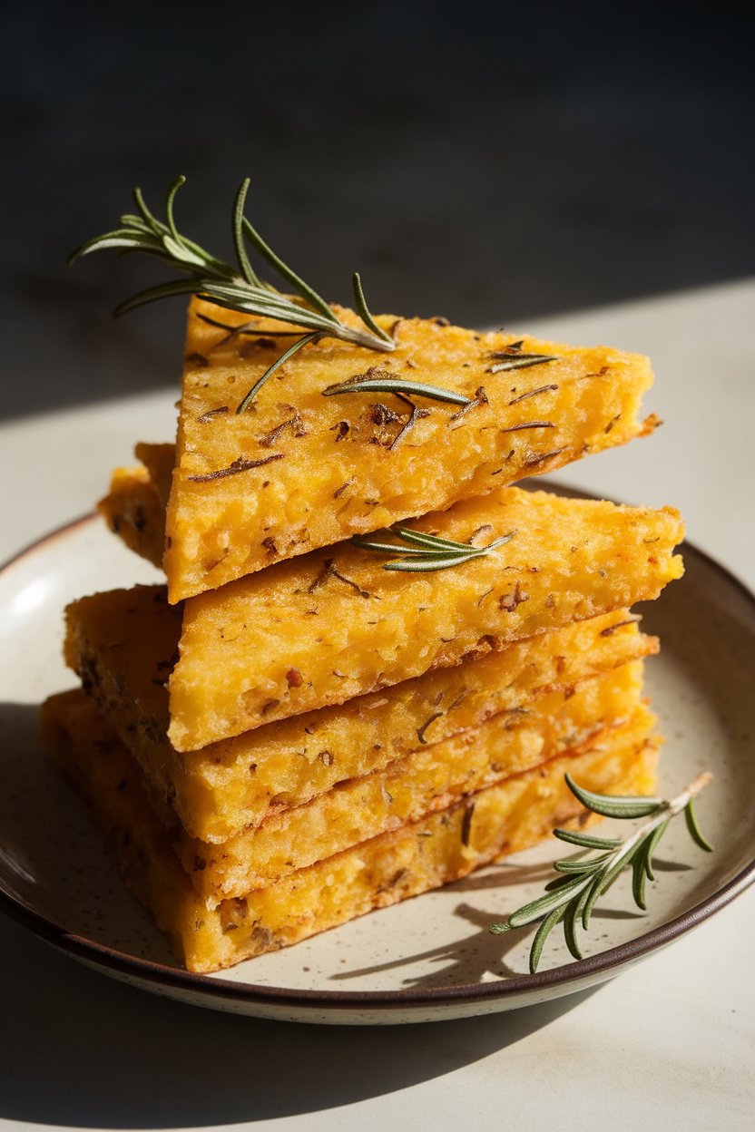 Indoor grill pan scene of golden polenta triangles flecked with rosemary, stacked on a plate. No text or logos.