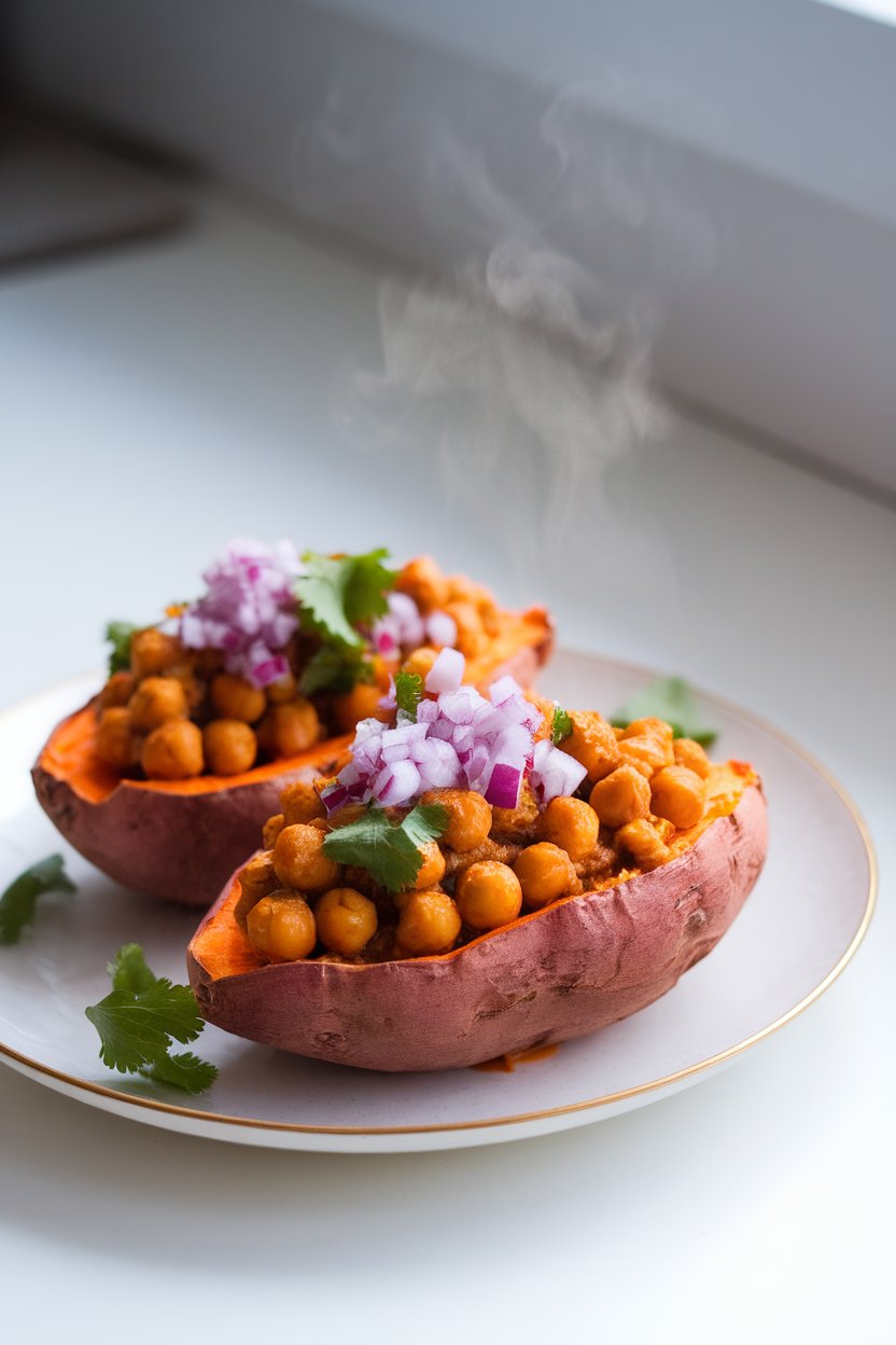 Indoor photo of halved roasted sweet potatoes filled with saucy chickpeas, topped with diced red onion and cilantro, on a white plate. Steam rising subtly, no text or logos.