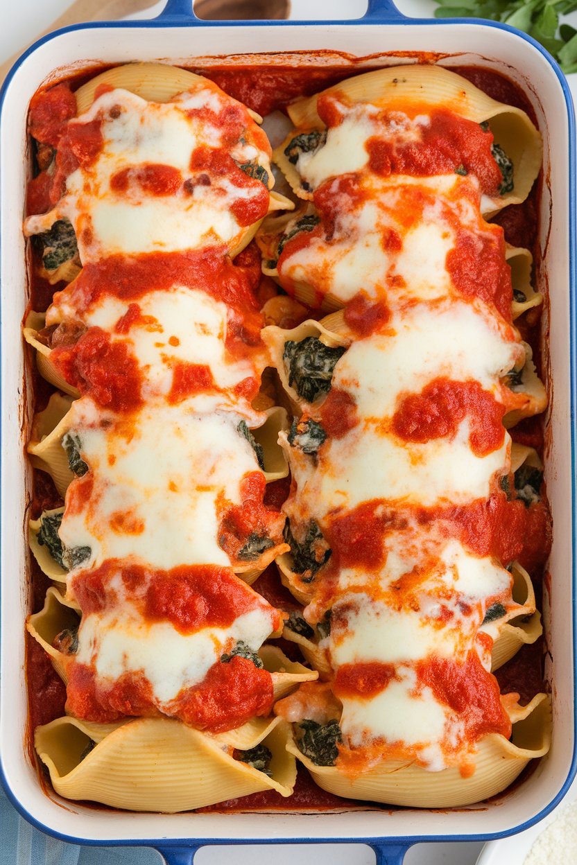 An indoor casserole dish of jumbo pasta shells filled with spinach-ricotta mixture, topped with marinara and melted mozzarella; no text or logos; photo