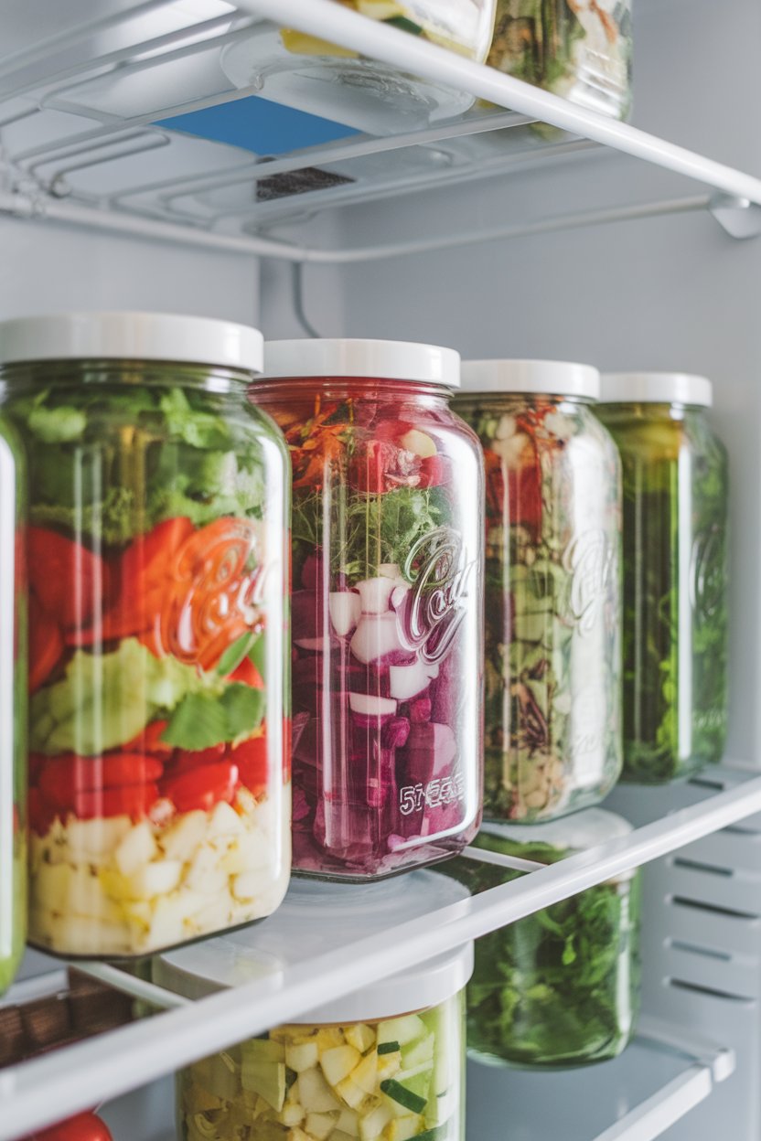 An indoor fridge shelf lined with five salad jars of varying colors and layers; no logos. Photo.
