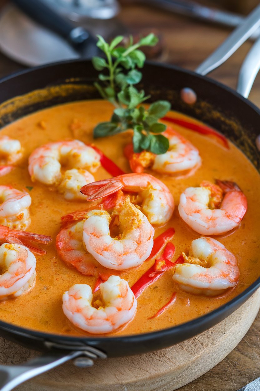 Photo of an indoor skillet showing shrimp in a creamy coconut curry sauce with red bell peppers, no text or logos