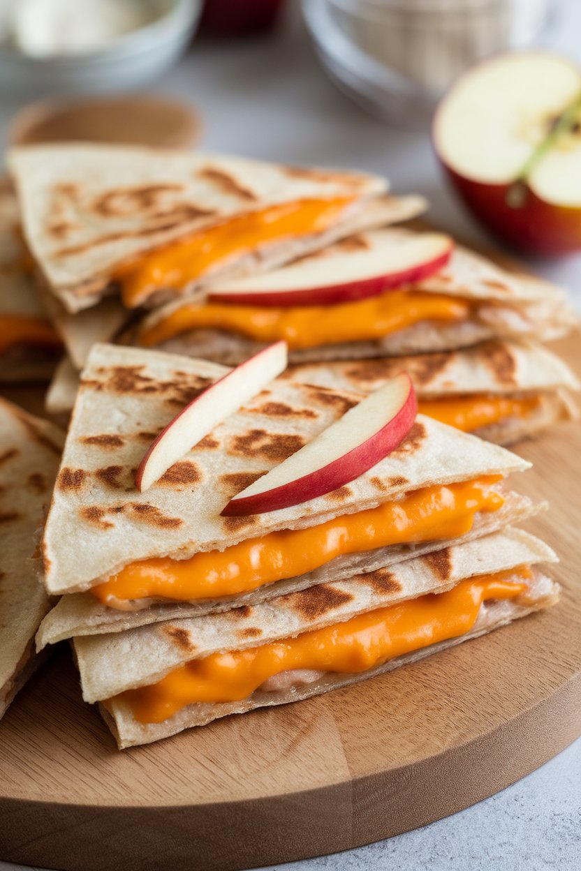 A close-up indoor shot of triangular whole-grain quesadilla wedges revealing melted cheddar and thin apple slices, placed on a wooden board. Photo, no text or logos.