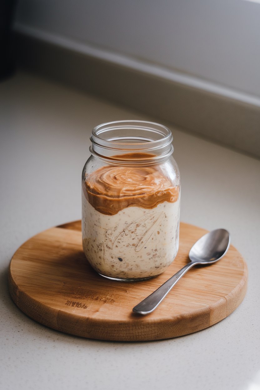 A mason jar on an indoor countertop layered with creamy overnight oats, a dollop of almond butter swirling on top; spoon resting nearby, no text or brands.