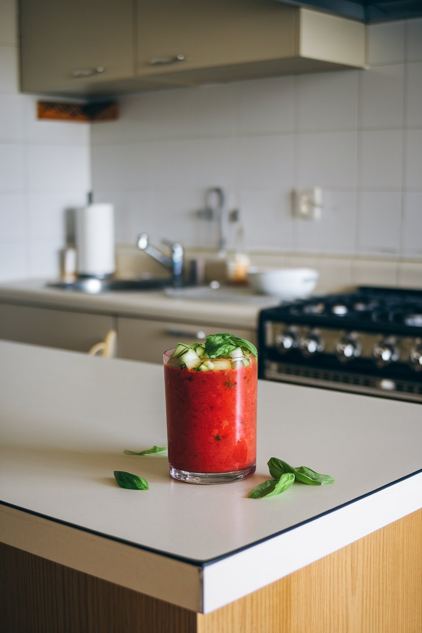 Indoor kitchen island with a chilled glass of ruby red gazpacho topped with diced cucumber and torn basil. No logos or text; photo.