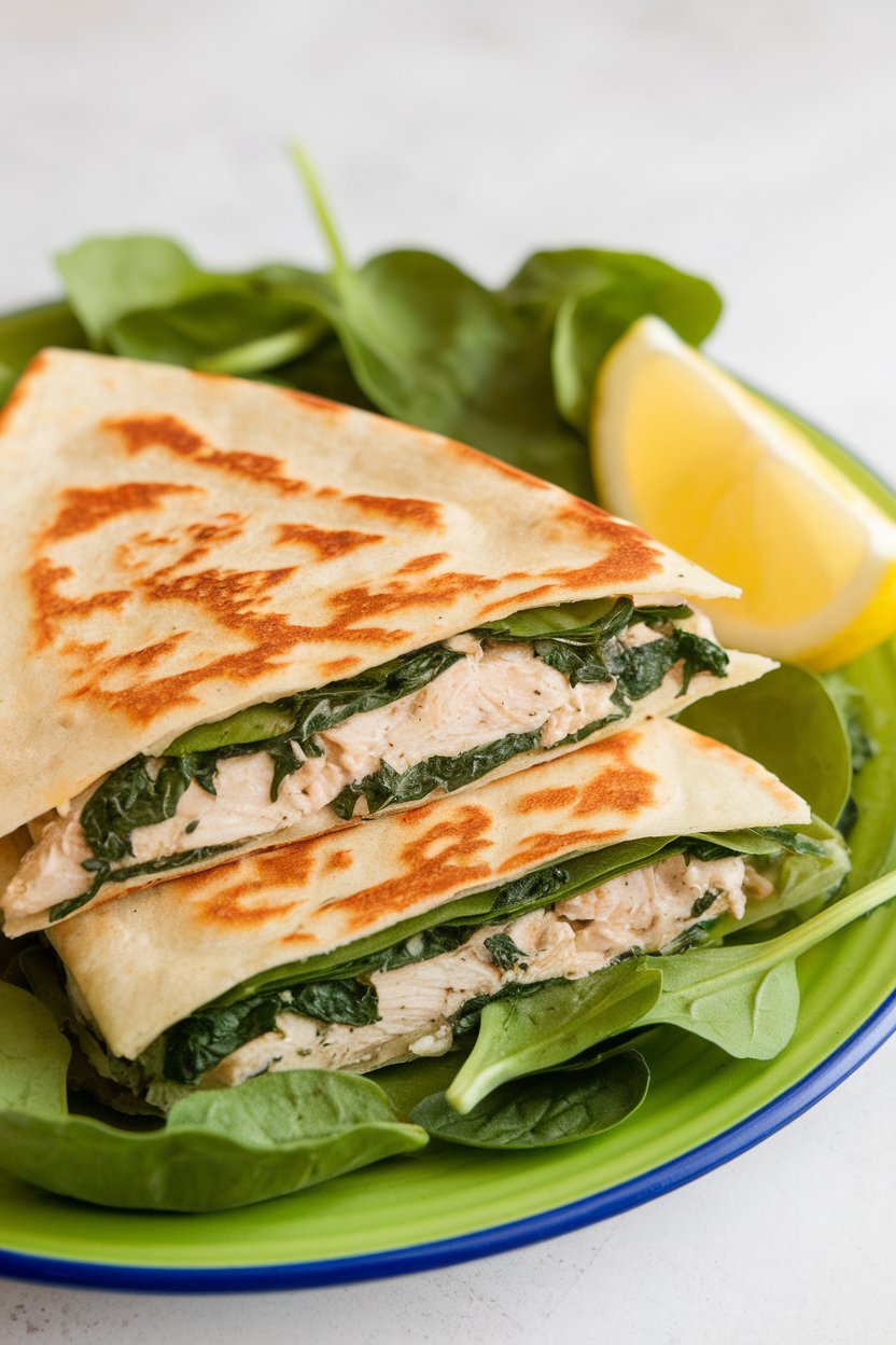 Indoor bright plate, lemon herb chicken quesadilla with green spinach layer, photo, no text or logos.
