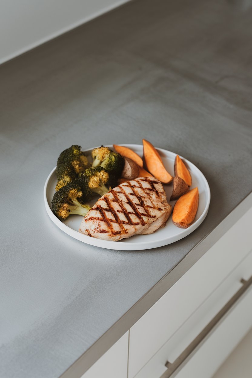 A minimalistic indoor countertop with grilled chicken breast, roasted broccoli, and sweet potato wedges on a white plate; no logos present. Photo.
