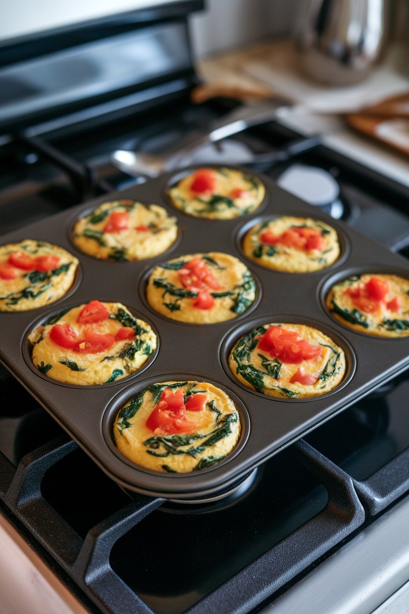 A muffin tin on an indoor stove top holding colorful mini frittatas with spinach, bell pepper, and diced tomatoes. No brand names visible.