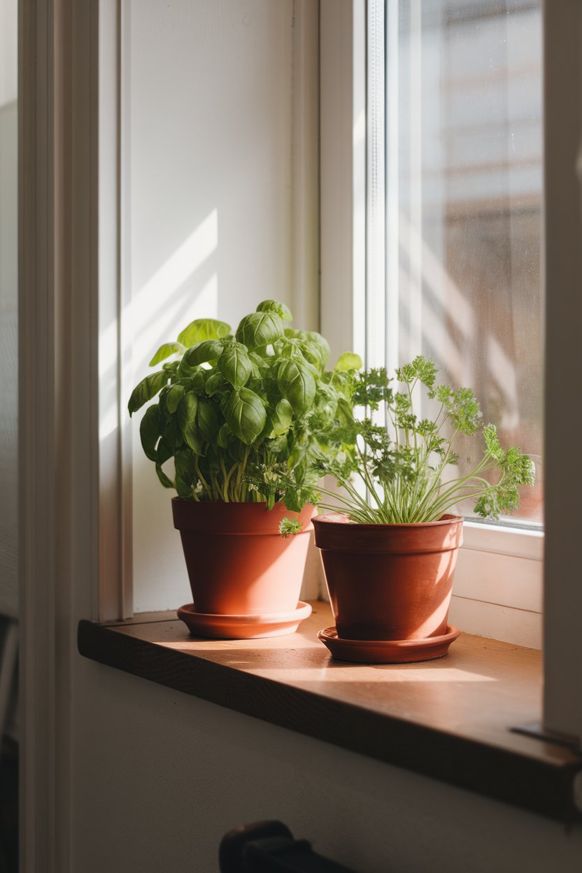 An indoor kitchen windowsill with potted basil and parsley plants, sunlight streaming through. No text or logos on pots.