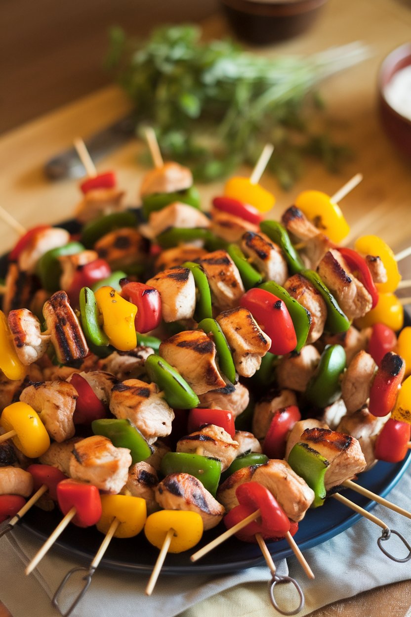 Indoor shot of colorful grilled chicken and bell pepper skewers resting on a platter. Evening kitchen light, no text or logos.